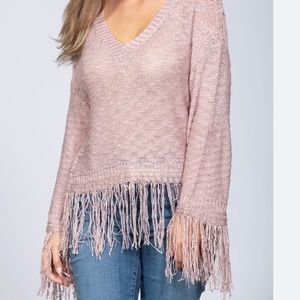 Rain + Rose Pink Fringe Sweater, Medium